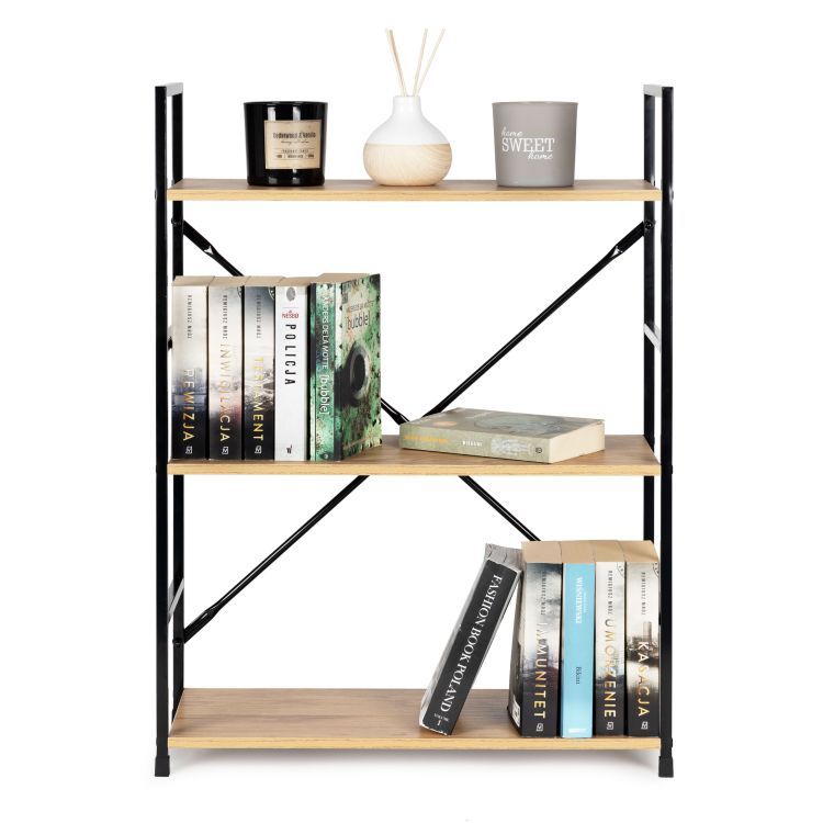 Széles, LOFT stílusú fa polc fémkerettel, 3 polccal, ModernHome